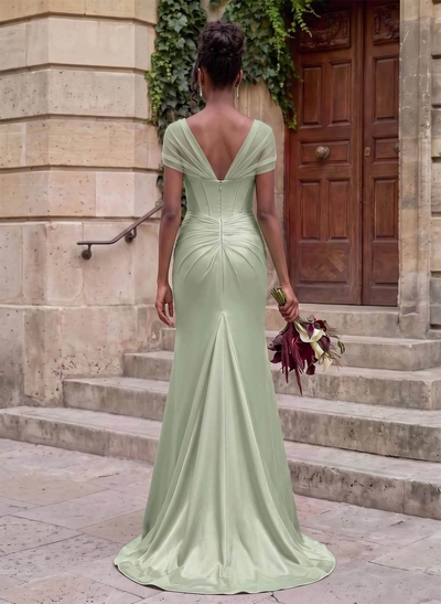 Seductive Trumpet V-Neck Sleeveless Stretch Satin Knit Bridesmaid Dresses With High Split