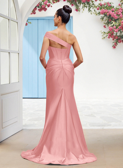 Classic Trumpet One-Shoulder Sleeveless Stretch Satin Knit Bridesmaid Dresses With High Split