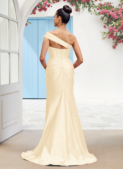 Classic Trumpet One-Shoulder Sleeveless Stretch Satin Knit Bridesmaid Dresses With High Split