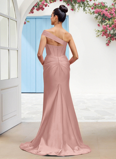 Classic Trumpet One-Shoulder Sleeveless Stretch Satin Knit Bridesmaid Dresses With High Split