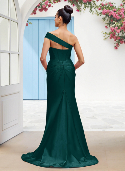 Classic Trumpet One-Shoulder Sleeveless Stretch Satin Knit Bridesmaid Dresses With High Split