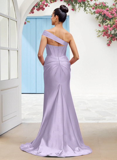 Classic Trumpet One-Shoulder Sleeveless Stretch Satin Knit Bridesmaid Dresses With High Split