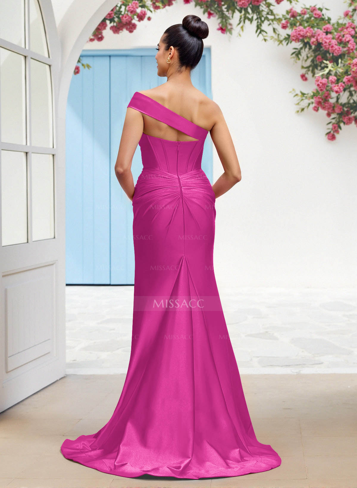 Classic Trumpet One-Shoulder Sleeveless Stretch Satin Knit Bridesmaid Dresses With High Split