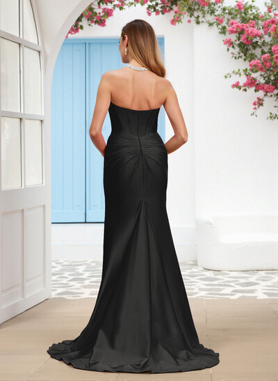 Sparkle Trumpet Halter Sleeveless Stretch Satin Knit Bridesmaid Dresses With High Split