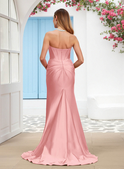 Sparkle Trumpet Halter Sleeveless Stretch Satin Knit Bridesmaid Dresses With High Split