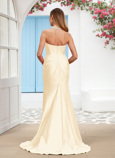 Sparkle Trumpet Halter Sleeveless Stretch Satin Knit Bridesmaid Dresses With High Split