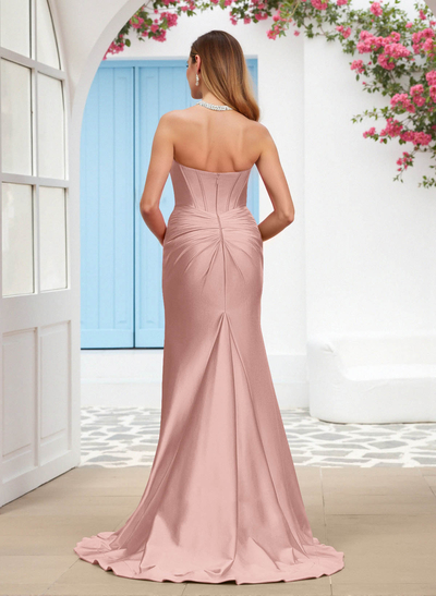 Sparkle Trumpet Halter Sleeveless Stretch Satin Knit Bridesmaid Dresses With High Split
