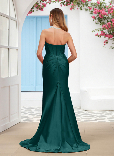 Sparkle Trumpet Halter Sleeveless Stretch Satin Knit Bridesmaid Dresses With High Split