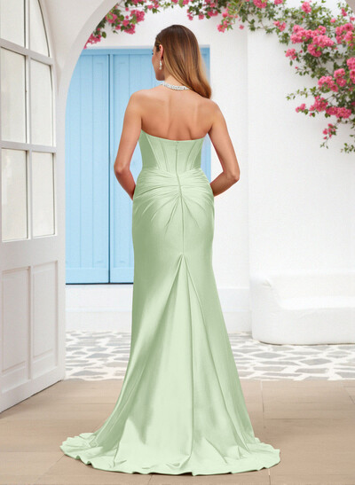 Sparkle Trumpet Halter Sleeveless Stretch Satin Knit Bridesmaid Dresses With High Split