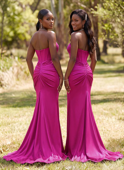 Sparkle Trumpet Halter Sleeveless Stretch Satin Knit Bridesmaid Dresses With High Split