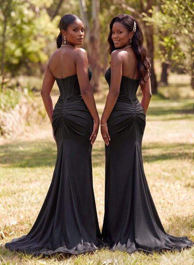Sparkle Trumpet Halter Sleeveless Stretch Satin Knit Bridesmaid Dresses With High Split