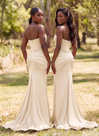 Sparkly Trumpet Halter Sleeveless Stretch Satin Bridesmaid Dresses With High Split