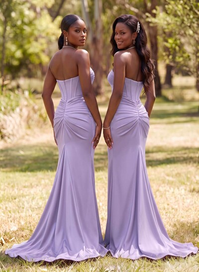 Sparkly Trumpet Halter Sleeveless Stretch Satin Knit Bridesmaid Dresses With High Slit