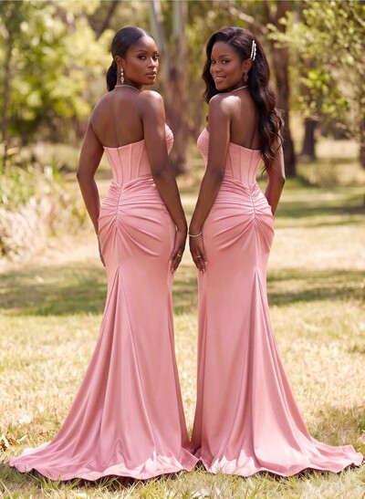Sparkle Trumpet Halter Sleeveless Stretch Satin Knit Bridesmaid Dresses With High Split