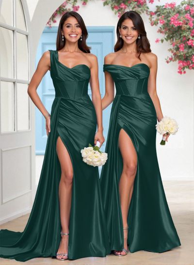 Elegant One-Shoulder Sleeveless Silk Like Satin Bridesmaid Dresses With High Split