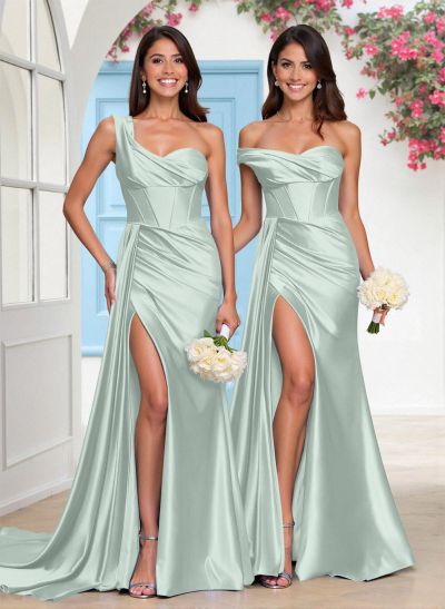 Elegant One-Shoulder Sleeveless Silk Like Satin Bridesmaid Dresses With High Split