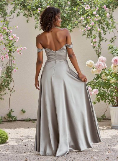 Classic Cowl Neck Off-The-Shoulder A-Line High Split Satin Bridesmaid Dresses