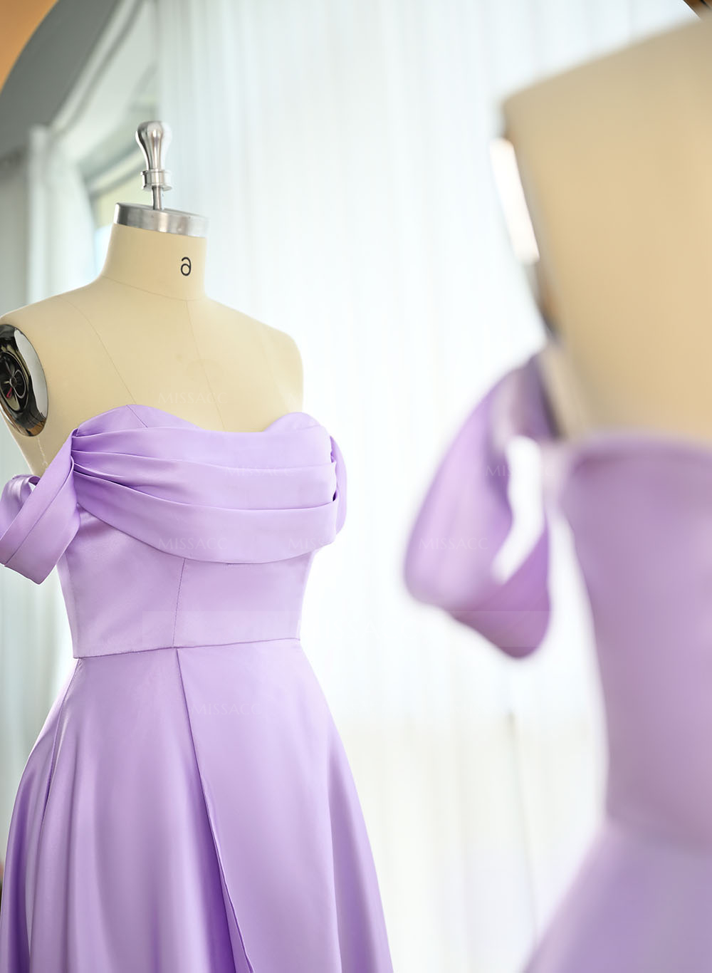 Classic Cowl Neck Off-The-Shoulder A-Line High Split Satin Bridesmaid Dresses