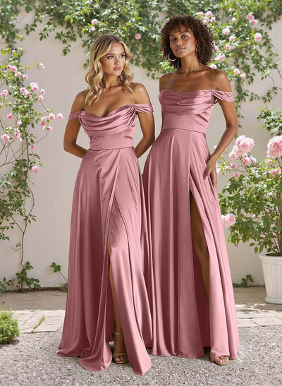 Classic Cowl Neck Off-The-Shoulder A-Line High Split Satin Bridesmaid Dresses