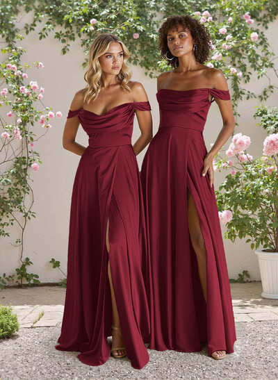 Classic Cowl Neck Off-The-Shoulder A-Line High Split Satin Bridesmaid Dresses