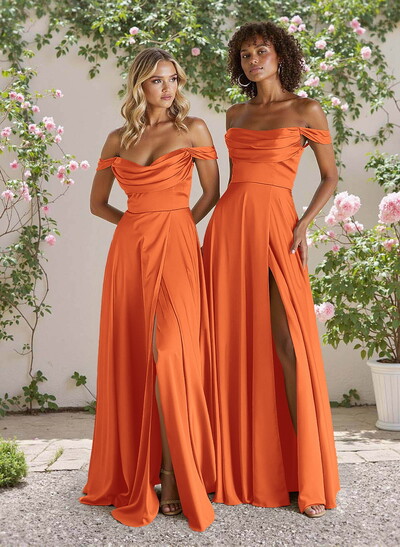 Classic Cowl Neck Off-The-Shoulder A-Line High Split Satin Bridesmaid Dresses