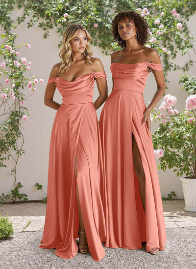 Classic Cowl Neck Off-The-Shoulder A-Line High Split Satin Bridesmaid Dresses
