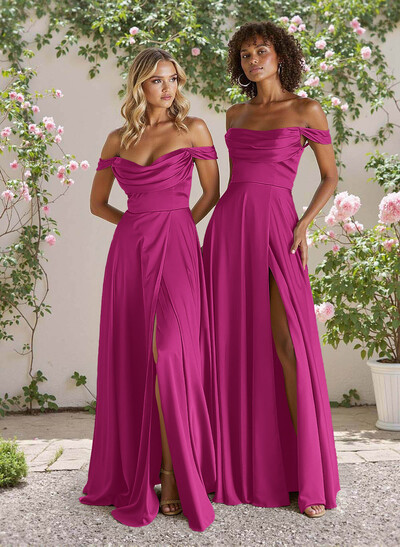Classic Cowl Neck Off-The-Shoulder A-Line High Split Satin Bridesmaid Dresses