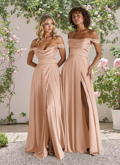 Classic Cowl Neck Off-The-Shoulder A-Line High Split Satin Bridesmaid Dresses