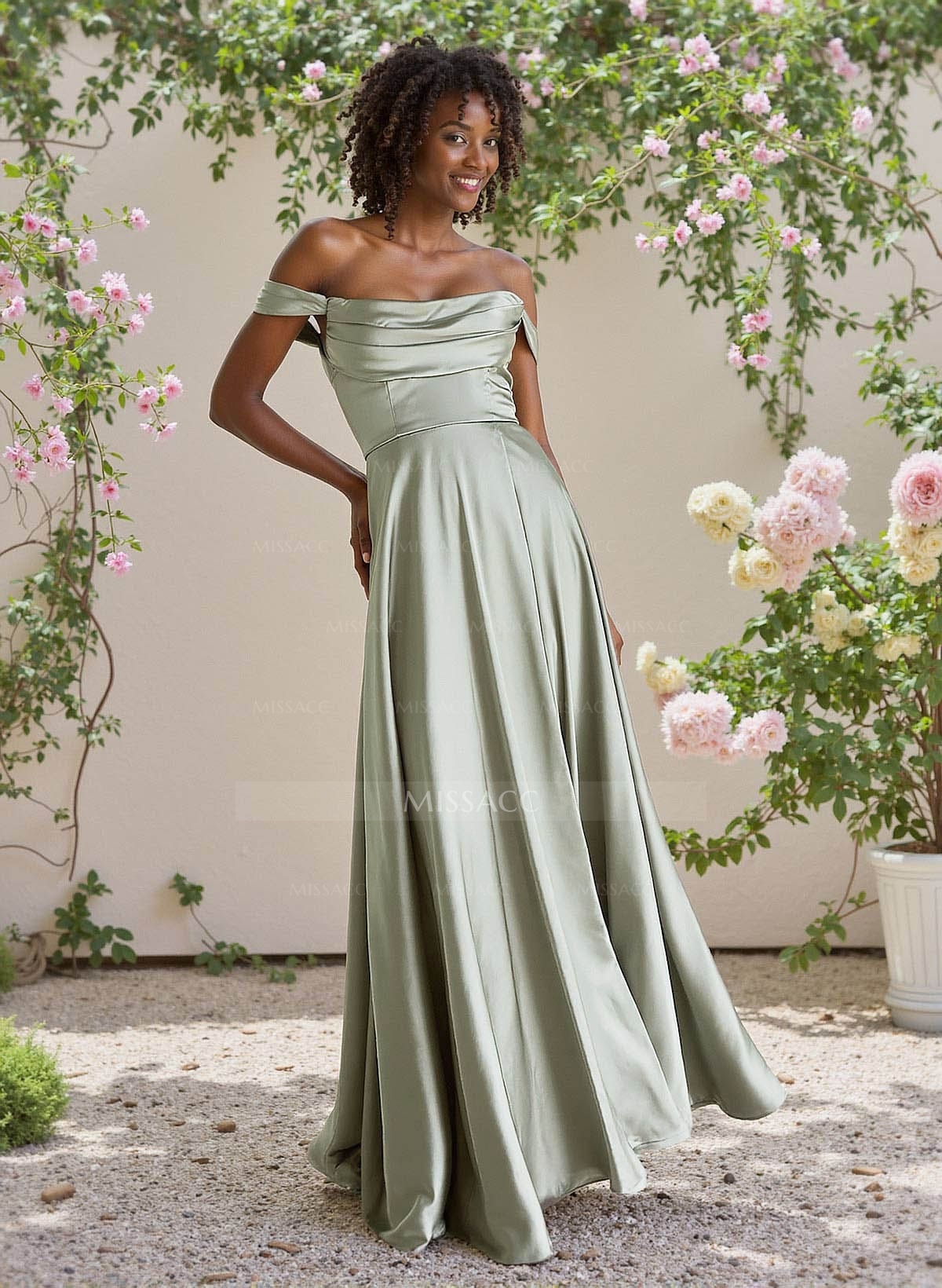 Classic Cowl Neck Off-The-Shoulder A-Line High Split Satin Bridesmaid Dresses