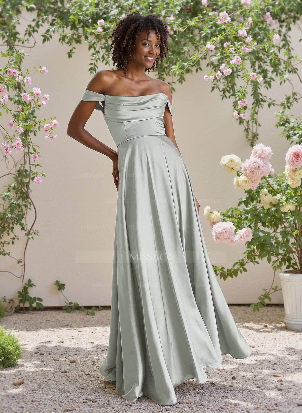 Classic Cowl Neck Off-The-Shoulder A-Line High Split Satin Bridesmaid Dresses