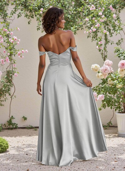 Classic Cowl Neck Off-The-Shoulder A-Line High Split Satin Bridesmaid Dresses