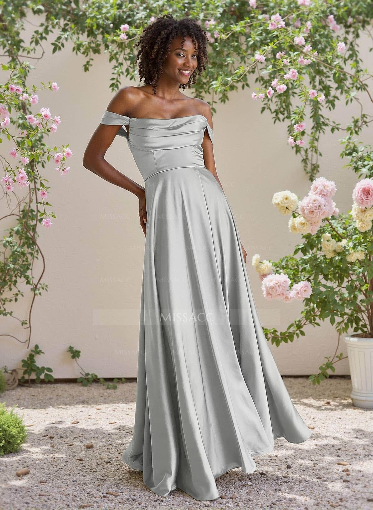 Classic Cowl Neck Off-The-Shoulder A-Line High Split Satin Bridesmaid Dresses
