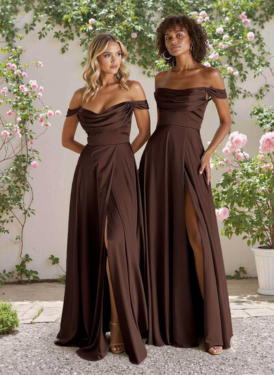 Classic Cowl Neck Off-The-Shoulder A-Line High Split Satin Bridesmaid Dresses