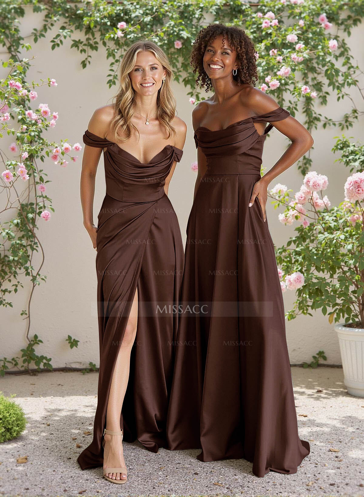 Classic Cowl Neck Off-The-Shoulder A-Line High Split Satin Bridesmaid Dresses