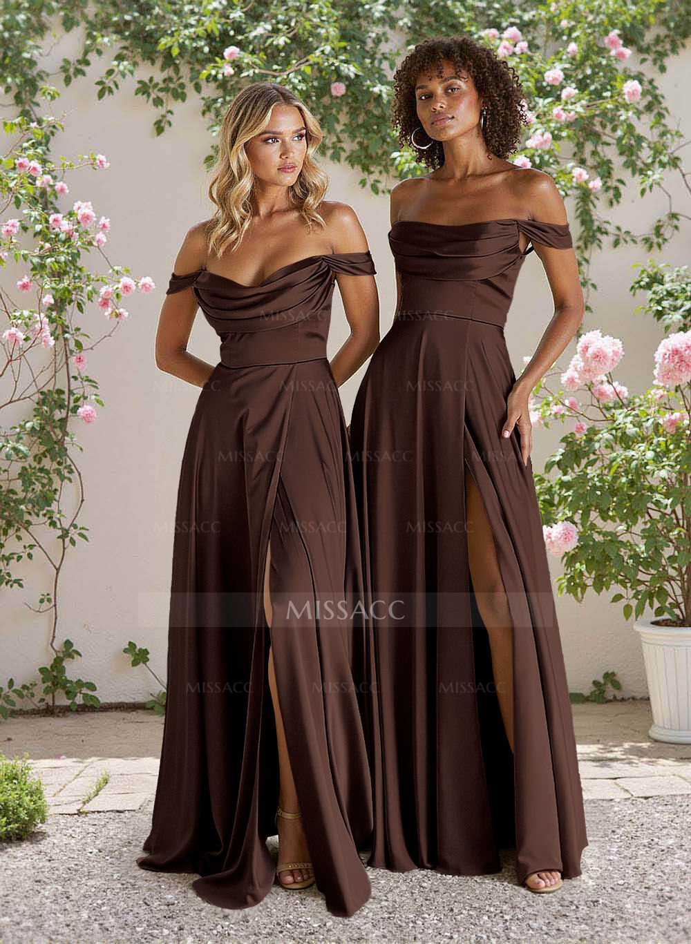 Classic Cowl Neck Off-The-Shoulder A-Line High Split Satin Bridesmaid Dresses