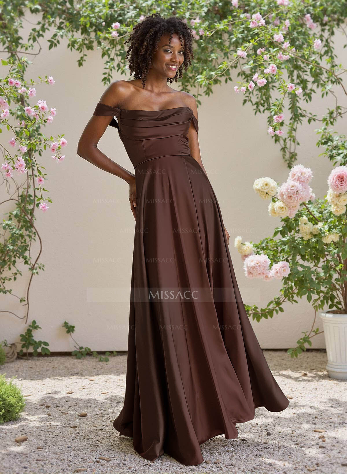 Classic Cowl Neck Off-The-Shoulder A-Line High Split Satin Bridesmaid Dresses