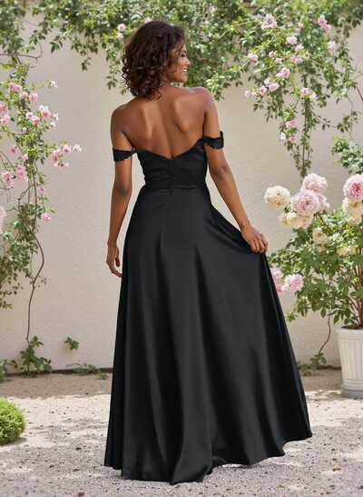 Classic Cowl Neck Off-The-Shoulder A-Line High Split Satin Bridesmaid Dresses