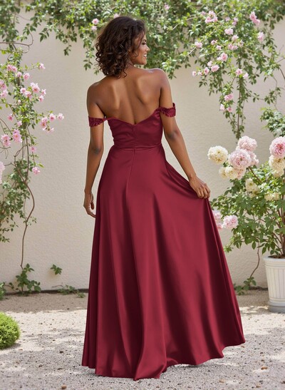 Classic Cowl Neck Off-The-Shoulder A-Line High Split Satin Bridesmaid Dresses