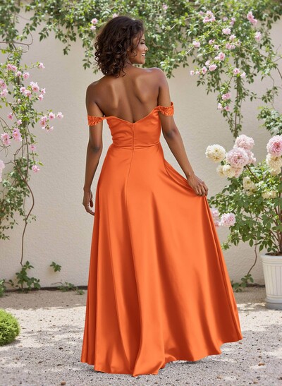 Classic Cowl Neck Off-The-Shoulder A-Line High Split Satin Bridesmaid Dresses