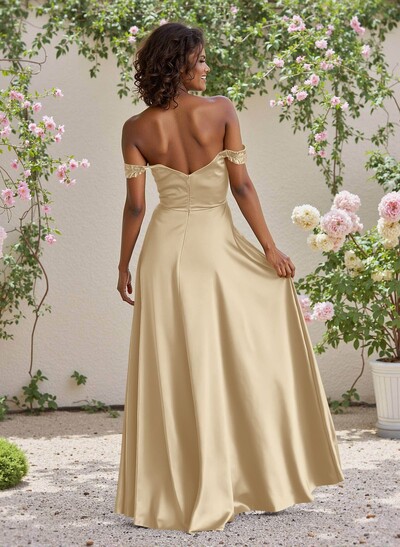 Classic Cowl Neck Off-The-Shoulder A-Line High Split Satin Bridesmaid Dresses