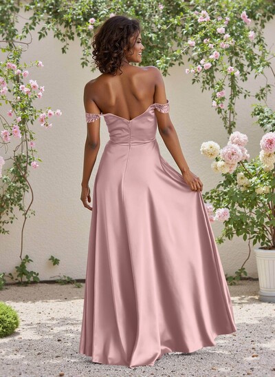 Classic Cowl Neck Off-The-Shoulder A-Line High Split Satin Bridesmaid Dresses