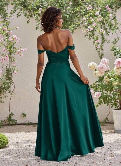 Classic Cowl Neck Off-The-Shoulder A-Line High Split Satin Bridesmaid Dresses
