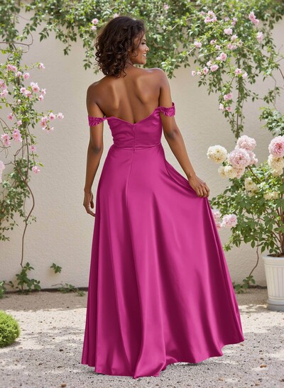 Classic Cowl Neck Off-The-Shoulder A-Line High Split Satin Bridesmaid Dresses