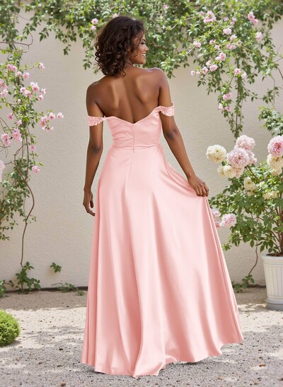 Classic Cowl Neck Off-The-Shoulder A-Line High Split Satin Bridesmaid Dresses