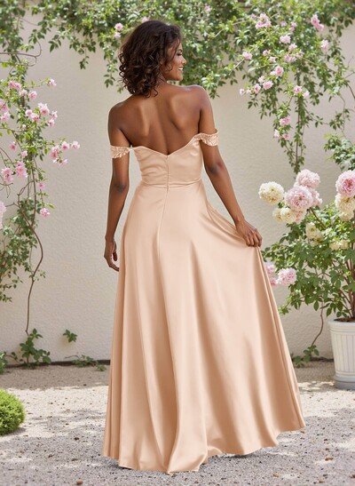 Classic Cowl Neck Off-The-Shoulder A-Line High Split Satin Bridesmaid Dresses