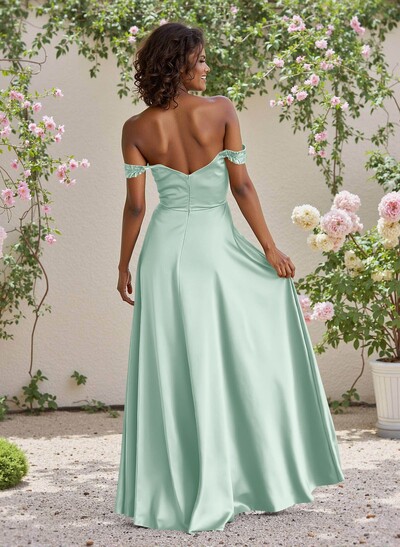 Classic Cowl Neck Off-The-Shoulder A-Line High Split Satin Bridesmaid Dresses