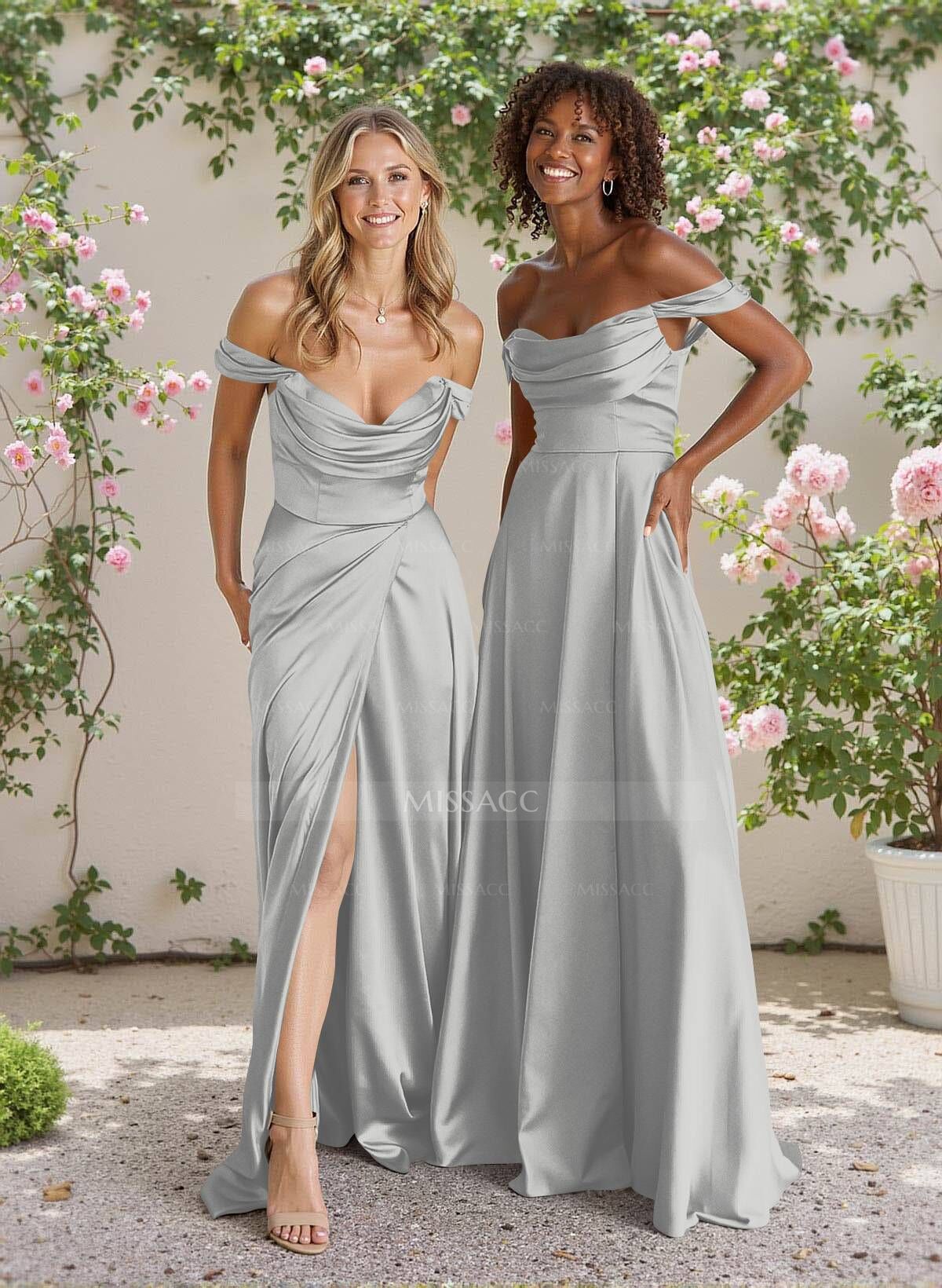 Classic Cowl Neck Off-The-Shoulder A-Line High Split Satin Bridesmaid Dresses