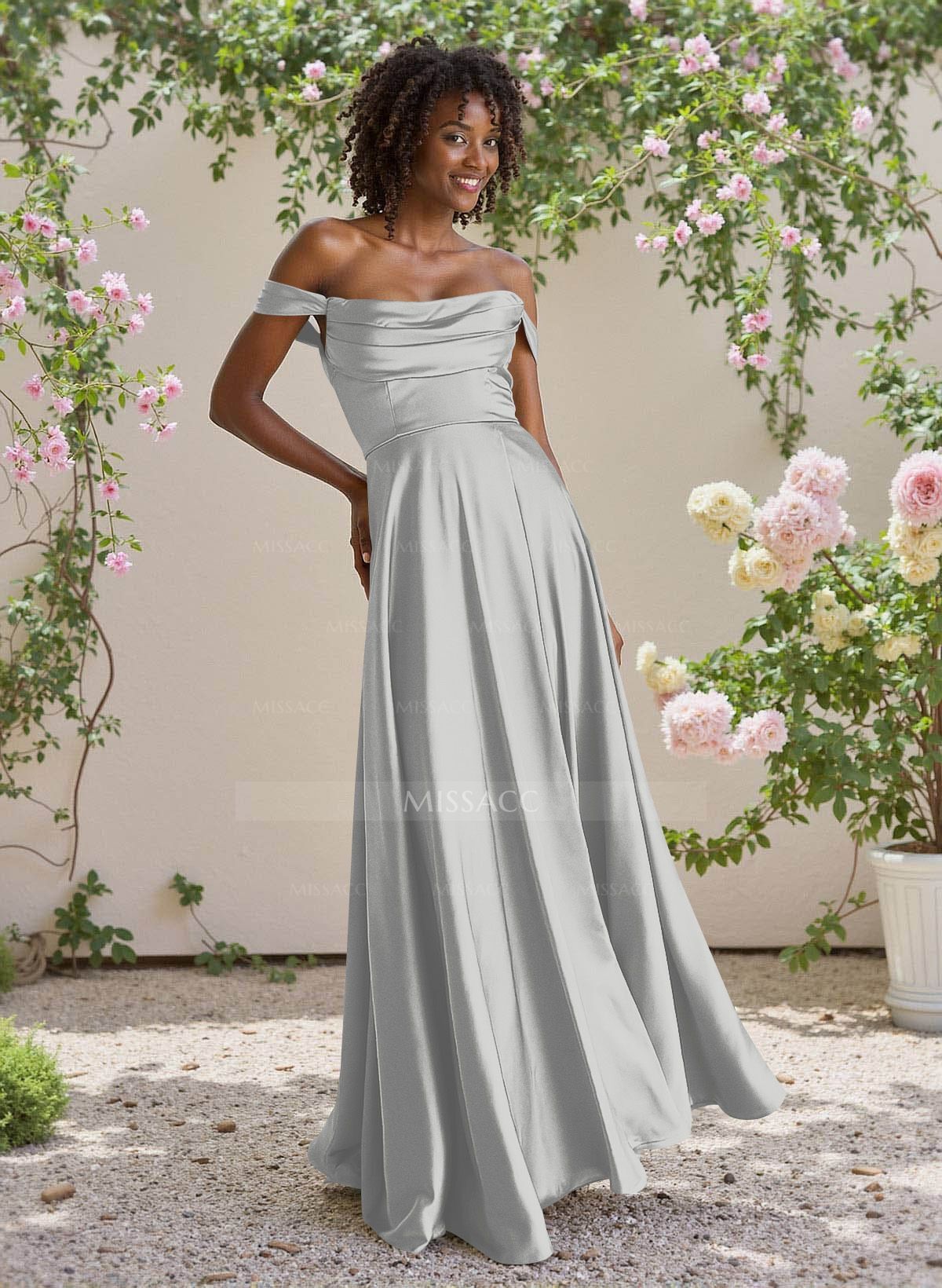 Classic Cowl Neck Off-The-Shoulder A-Line High Split Satin Bridesmaid Dresses