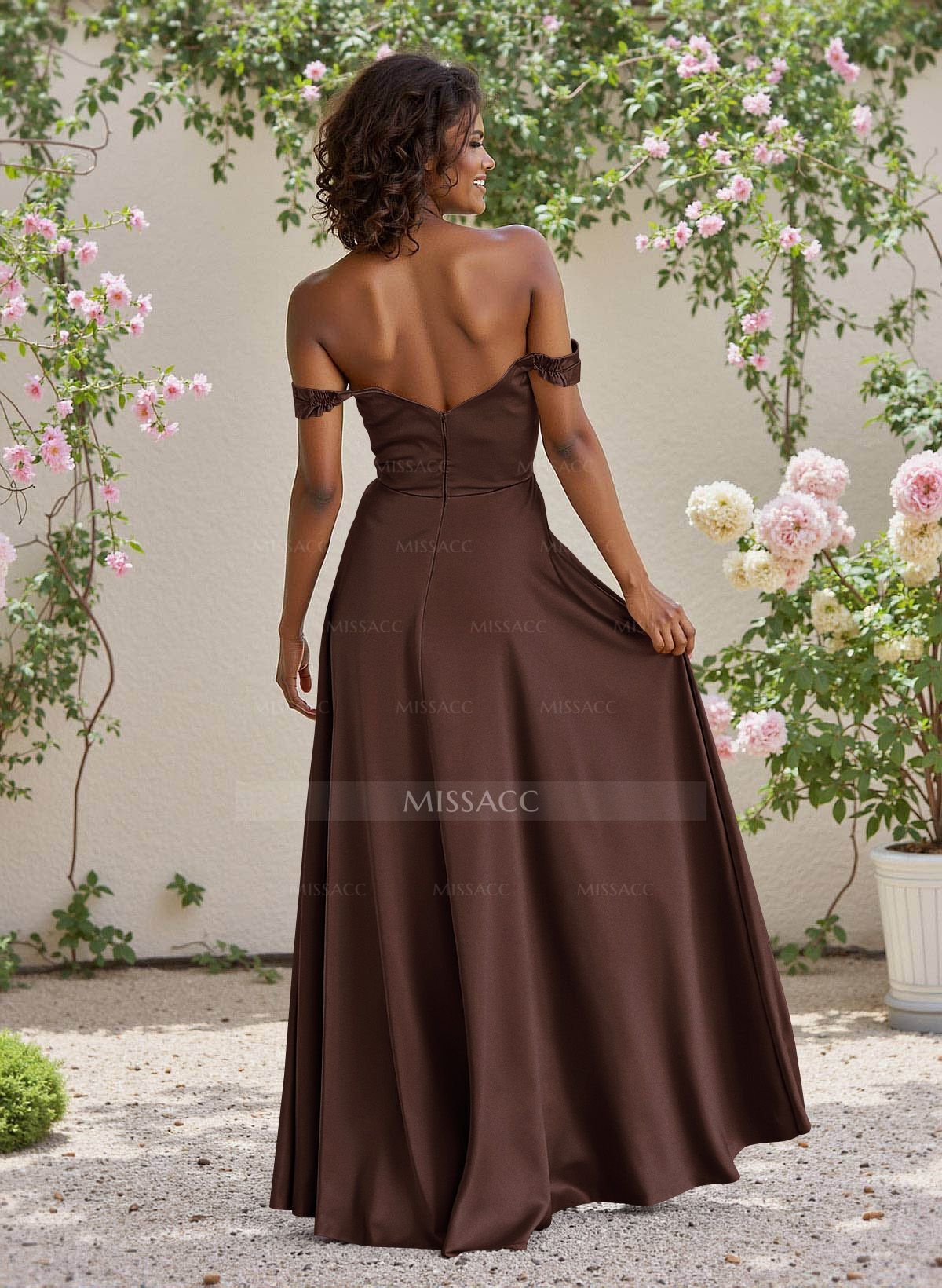 Classic Cowl Neck Off-The-Shoulder A-Line High Split Satin Bridesmaid Dresses