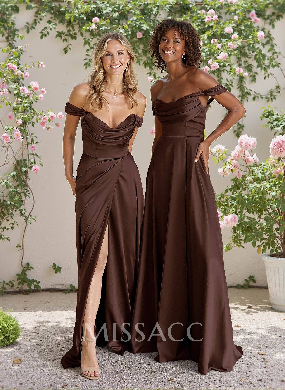 Classic Cowl Neck Off-The-Shoulder A-Line High Split Satin Bridesmaid Dresses